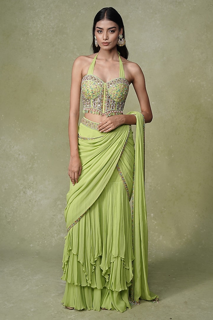 Lime Green Georgette Tiered Pre-Draped Wedding Saree Set by AMRIN KHAN at Pernia's Pop Up Shop