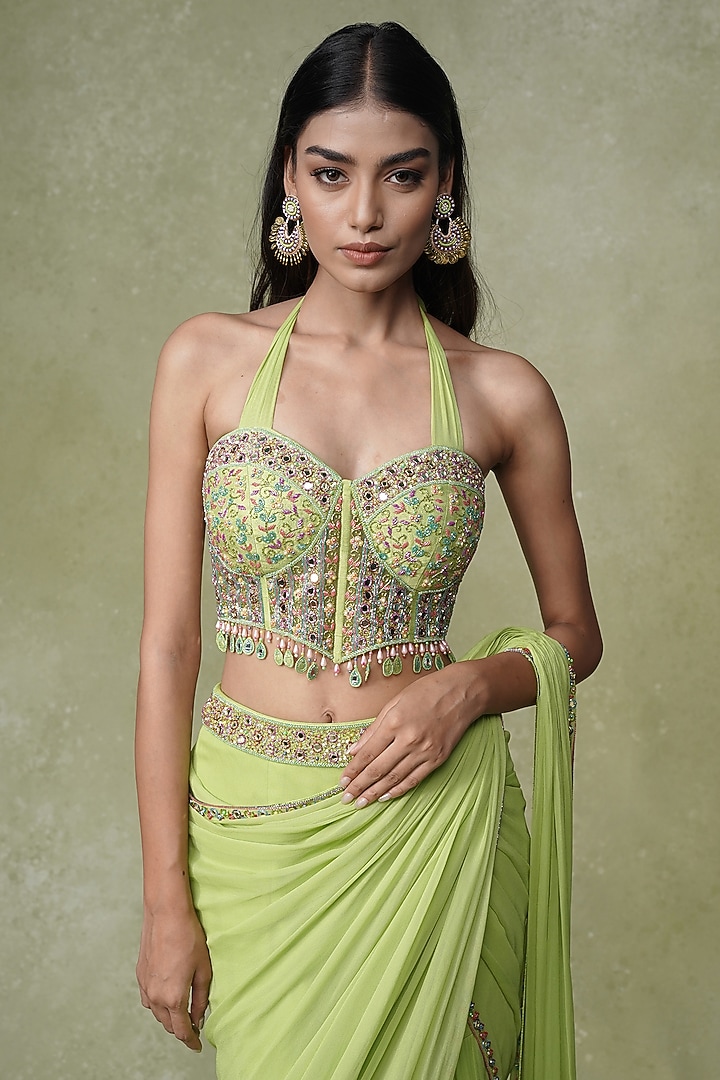 Lime Green Georgette Tiered Pre-Draped Wedding Saree Set by AMRIN KHAN at Pernia's Pop Up Shop