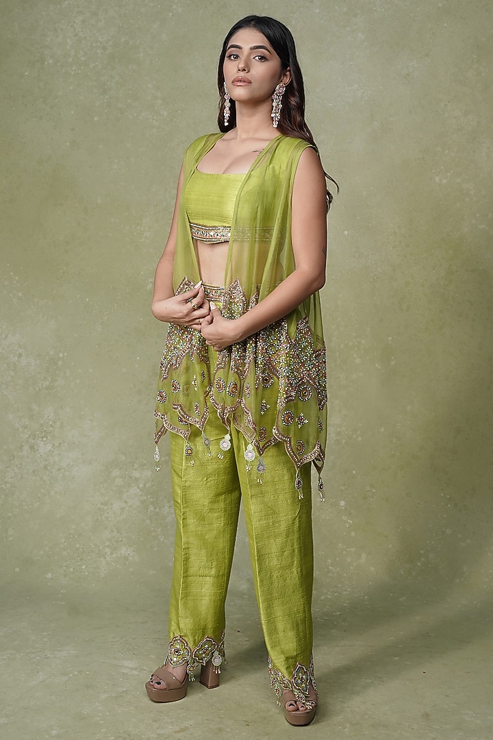 Lime Green Organza Mirror Work Asymmetrical Overlay Jacket Set by AMRIN KHAN at Pernia's Pop Up Shop