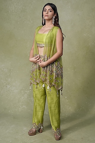 Lime Green Organza Mirror Work Asymmetrical Overlay Jacket Set by AMRIN KHAN
