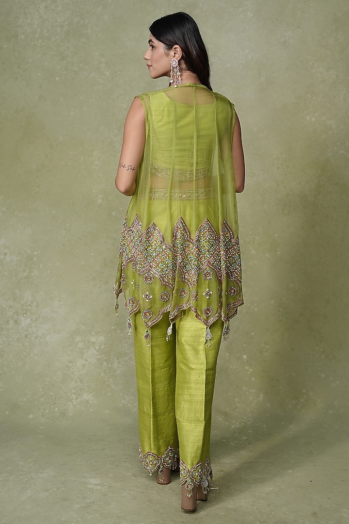 Lime Green Organza Mirror Work Asymmetrical Overlay Jacket Set by AMRIN KHAN at Pernia's Pop Up Shop