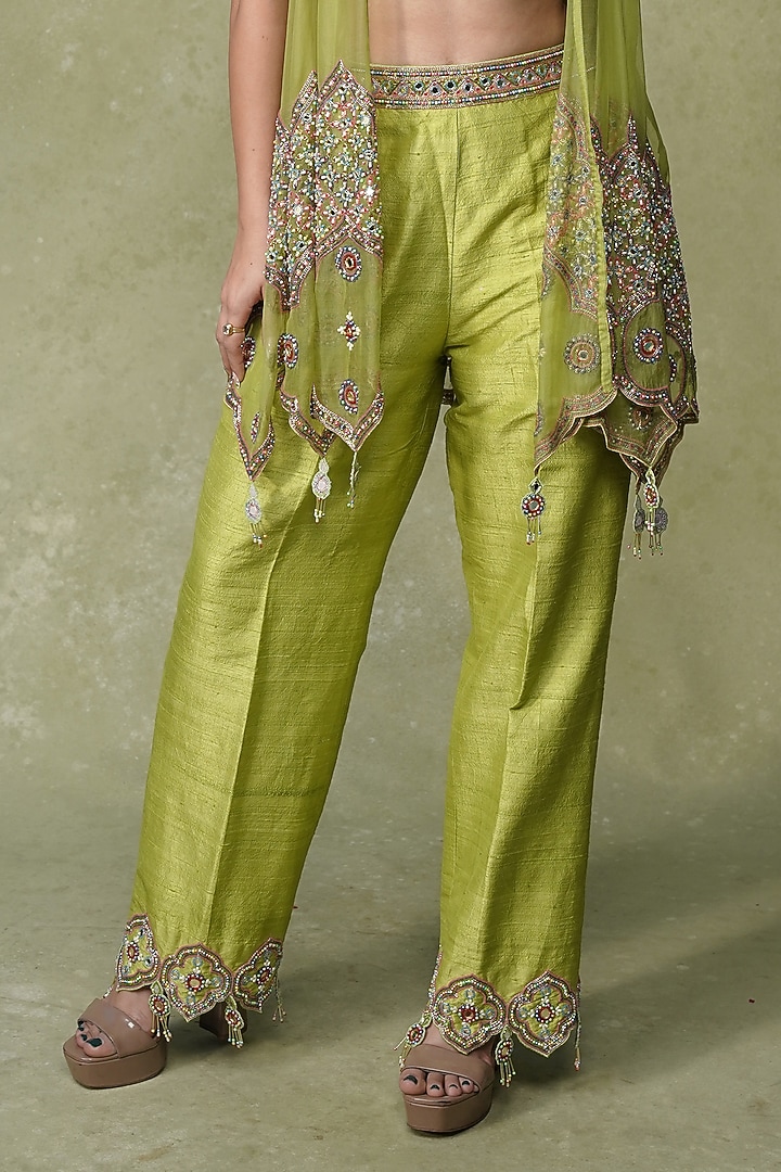 Lime Green Organza Mirror Work Asymmetrical Overlay Jacket Set by AMRIN KHAN at Pernia's Pop Up Shop