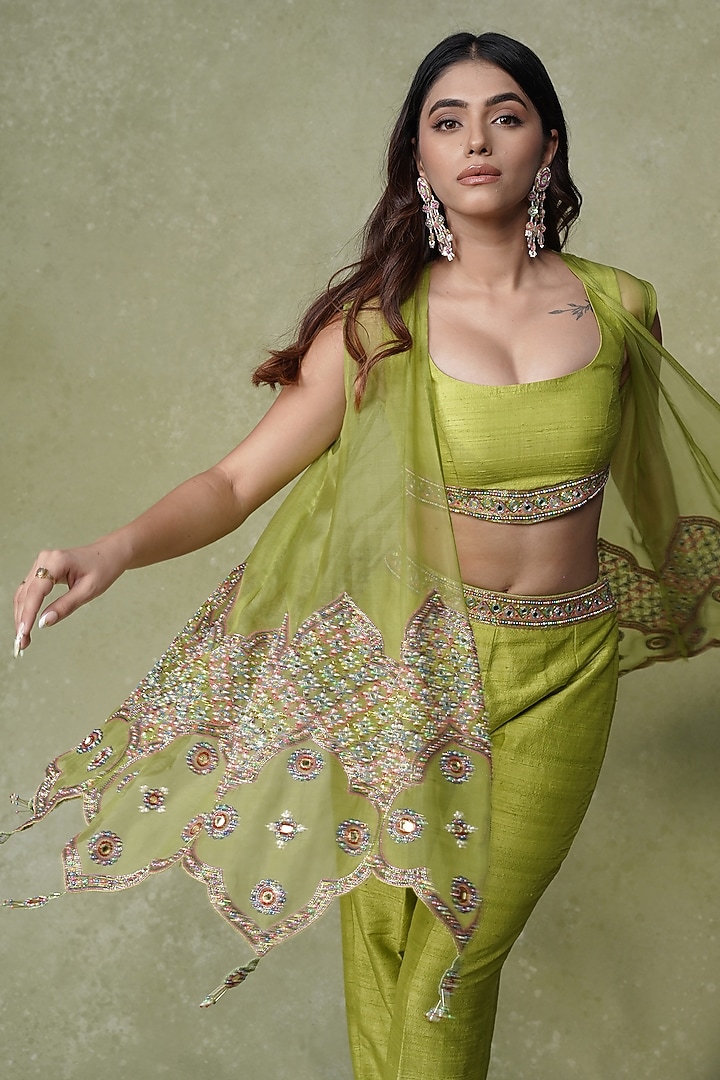 Lime Green Organza Mirror Work Asymmetrical Overlay Jacket Set by AMRIN KHAN at Pernia's Pop Up Shop