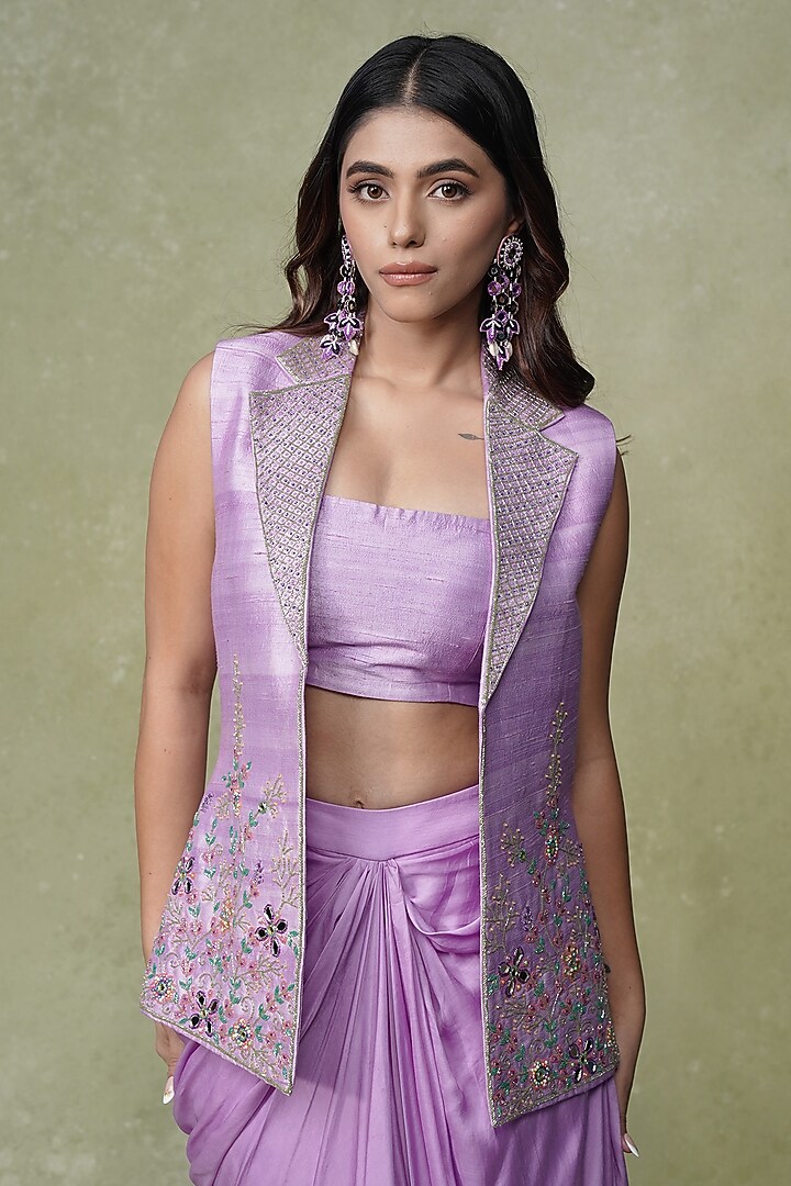 Lilac Modal Satin Dhoti-Style Draped Skirt Set by AMRIN KHAN at Pernia's Pop Up Shop