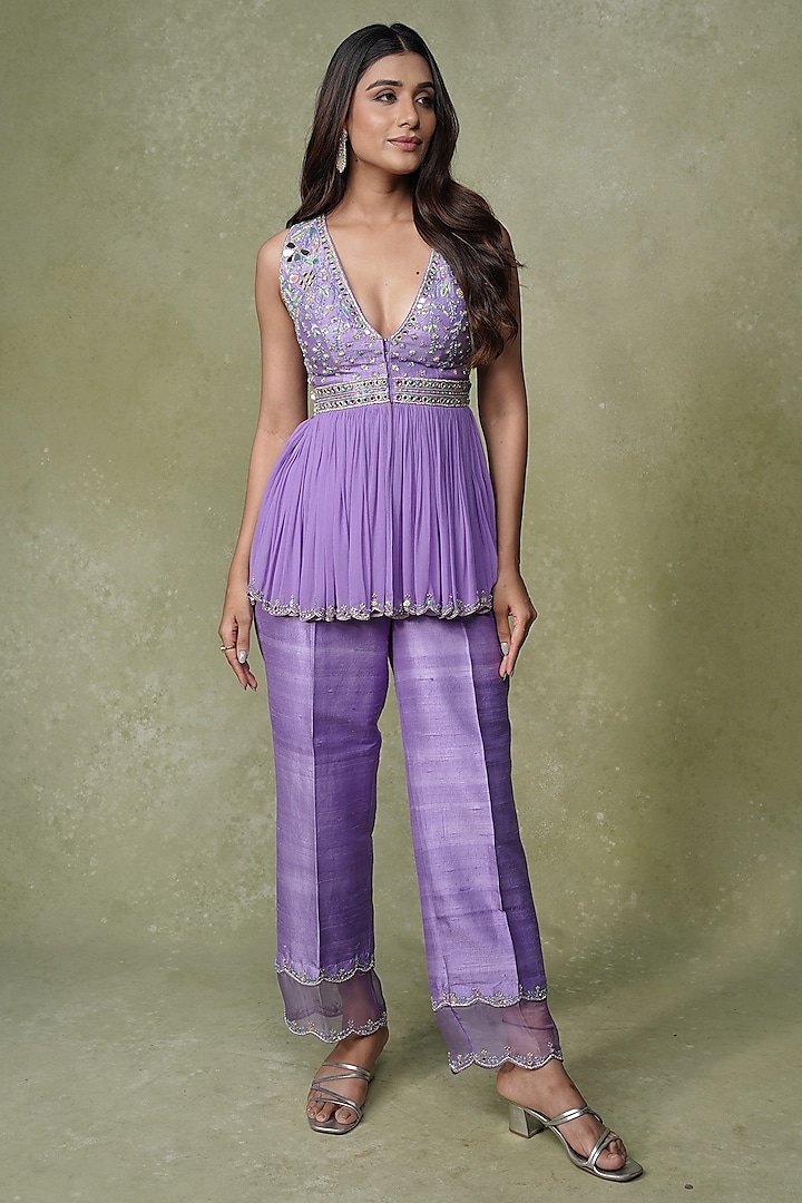 Lilac Raw Silk & Georgette Mirror Work Co-Ord Set by AMRIN KHAN at Pernia's Pop Up Shop