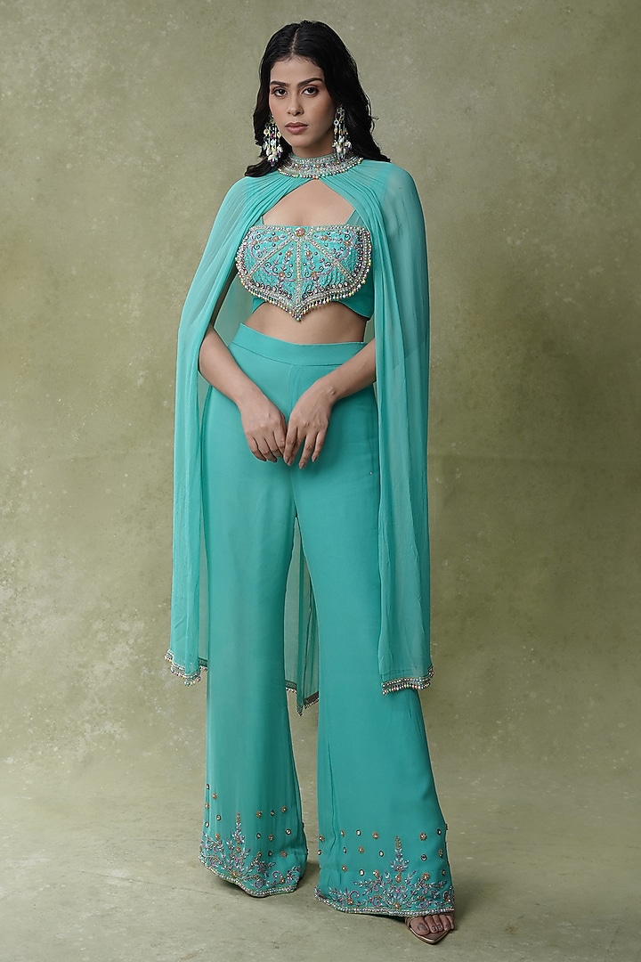 Aqua Blue Georgette Flared Pant Set by AMRIN KHAN at Pernia's Pop Up Shop