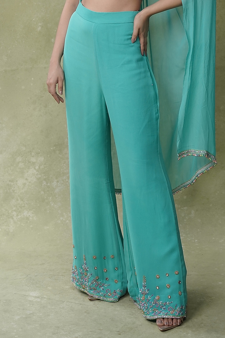Aqua Blue Georgette Flared Pant Set by AMRIN KHAN at Pernia's Pop Up Shop