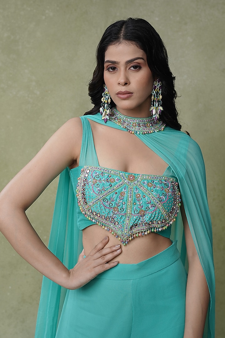 Aqua Blue Georgette Flared Pant Set by AMRIN KHAN at Pernia's Pop Up Shop