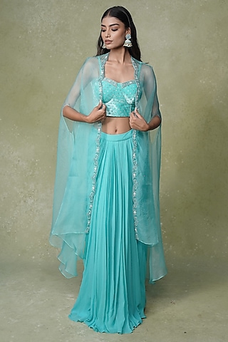 Aqua Blue Georgette Pleated Skirt Set by AMRIN KHAN at Pernia's