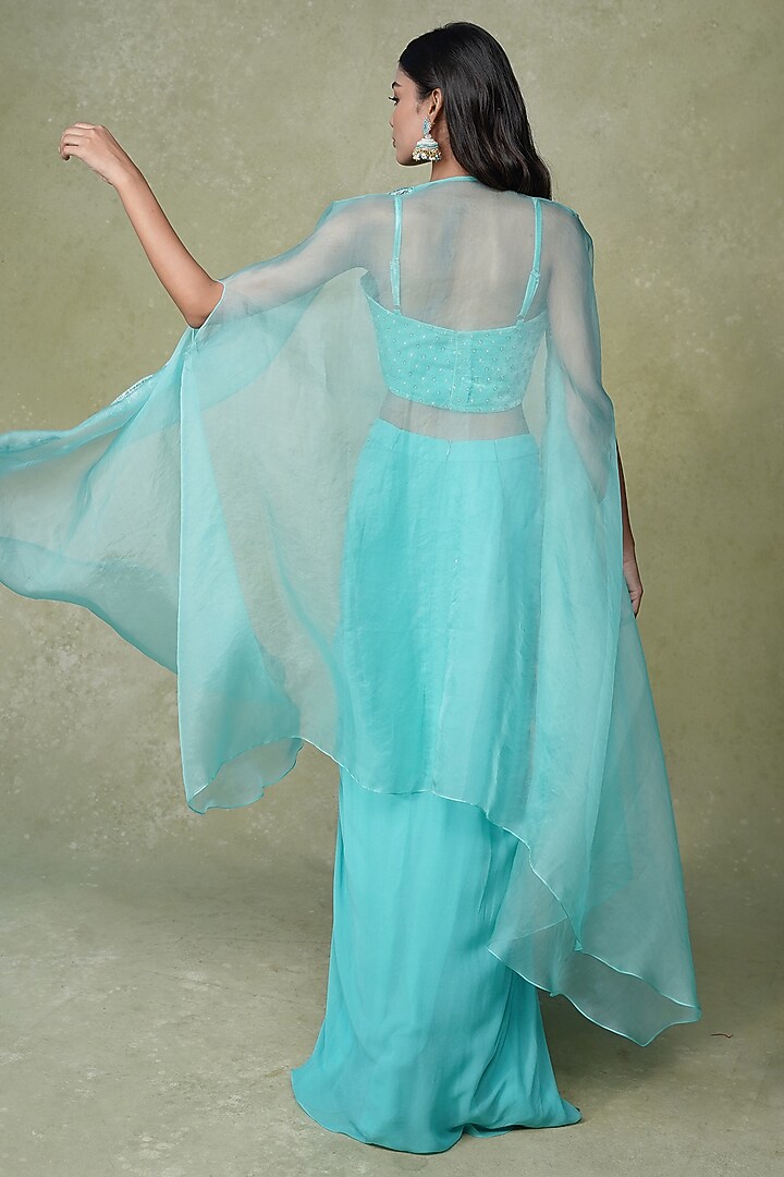 Aqua Blue Georgette Pleated Skirt Set by AMRIN KHAN at Pernia's Pop Up Shop