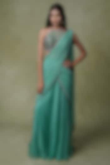 Mint Green Raw Silk & Chiffon Pre-Draped Wedding Saree Set by AMRIN KHAN at Pernia's Pop Up Shop