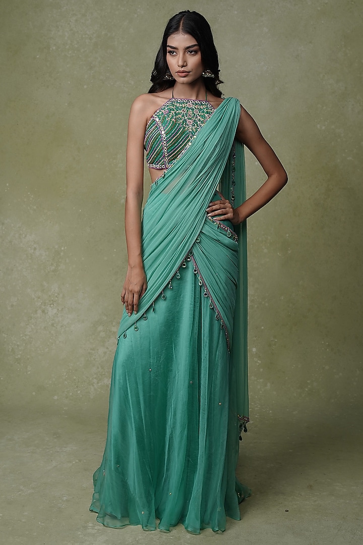 Mint Green Raw Silk & Chiffon Pre-Draped Wedding Saree Set by AMRIN KHAN at Pernia's Pop Up Shop