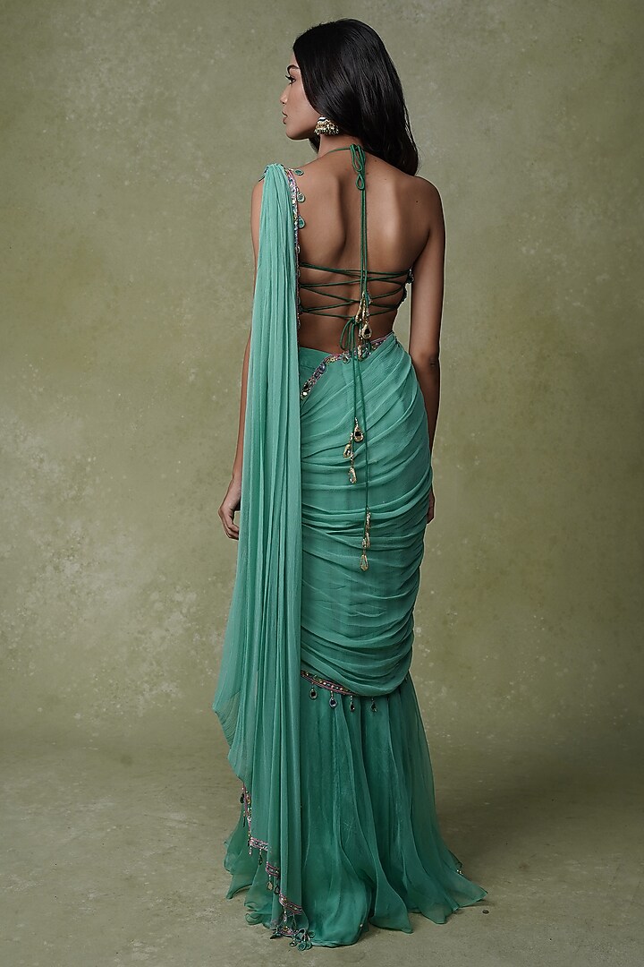 Mint Green Raw Silk & Chiffon Pre-Draped Wedding Saree Set by AMRIN KHAN at Pernia's Pop Up Shop