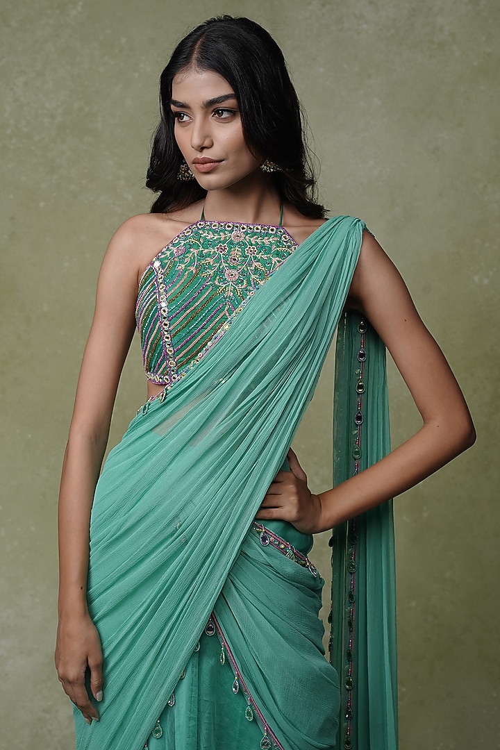 Mint Green Raw Silk & Chiffon Pre-Draped Wedding Saree Set by AMRIN KHAN at Pernia's Pop Up Shop