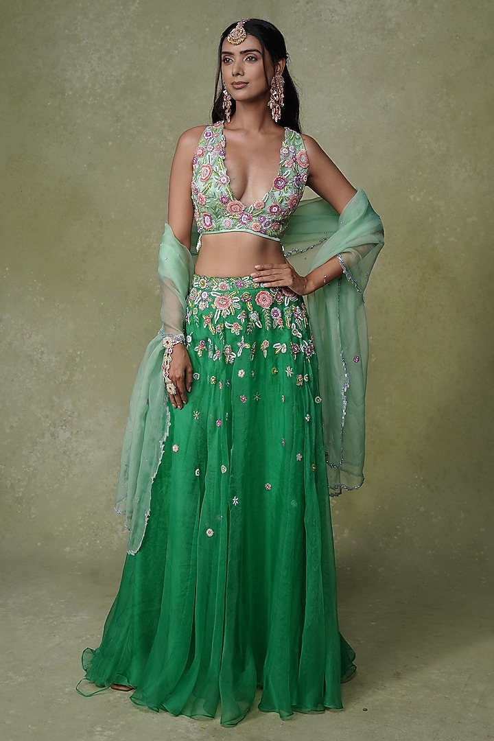 Green Organza Sequins & Cutdana Hand Embroidered Wedding Lehenga Set by AMRIN KHAN at Pernia's Pop Up Shop