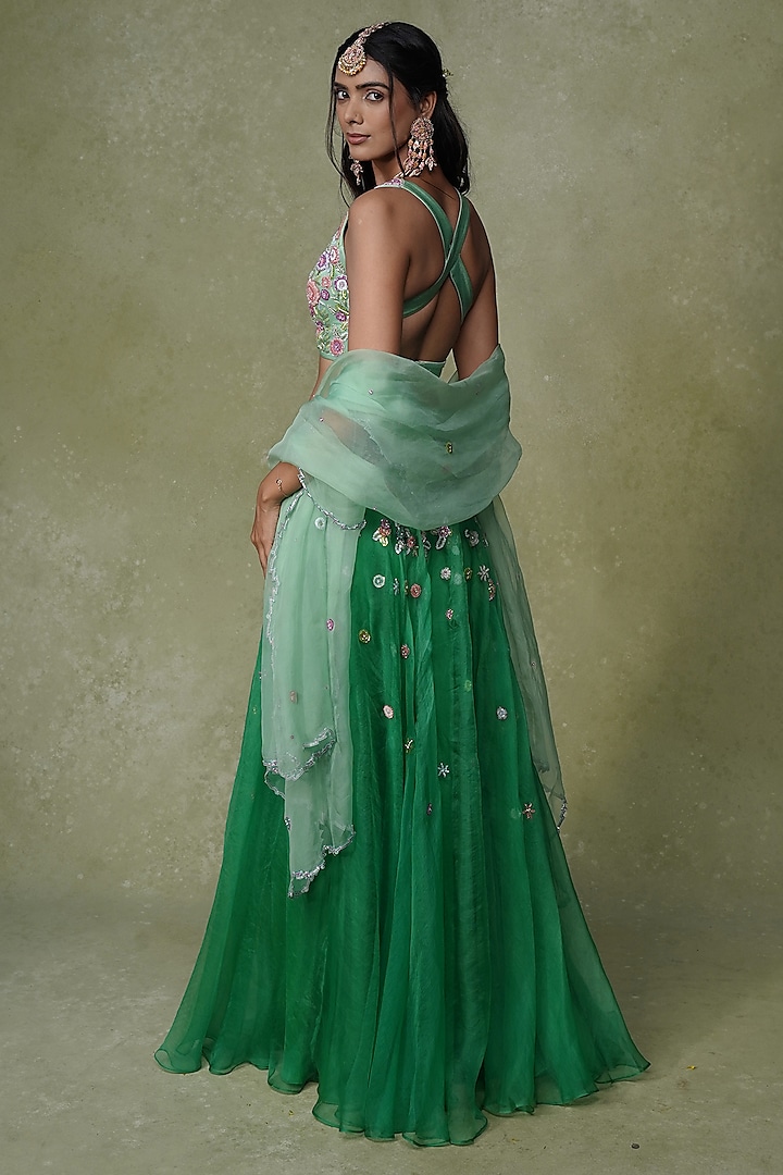 Green Organza Sequins & Cutdana Hand Embroidered Wedding Lehenga Set by AMRIN KHAN at Pernia's Pop Up Shop