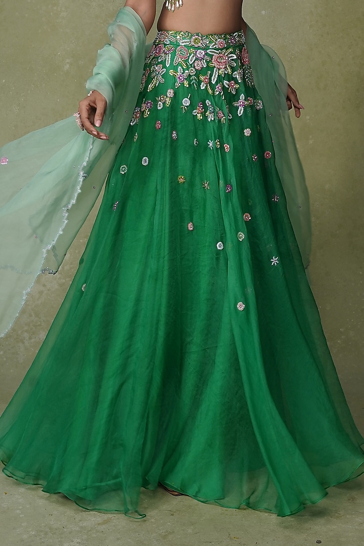 Green Organza Sequins & Cutdana Hand Embroidered Wedding Lehenga Set by AMRIN KHAN at Pernia's Pop Up Shop