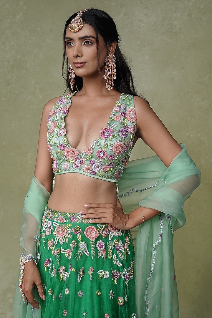 Green Organza Sequins & Cutdana Hand Embroidered Wedding Lehenga Set by AMRIN KHAN at Pernia's Pop Up Shop