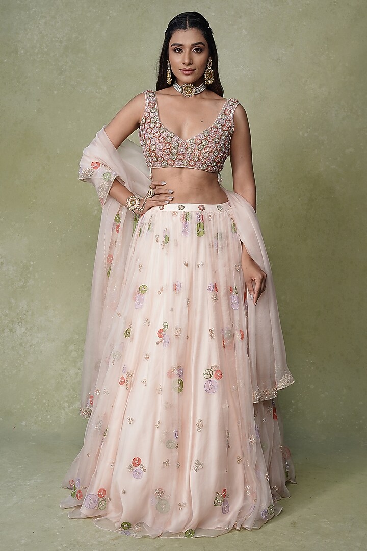 Pastel Pink Organza Floral Embroidered Wedding Lehenga Set by AMRIN KHAN at Pernia's Pop Up Shop