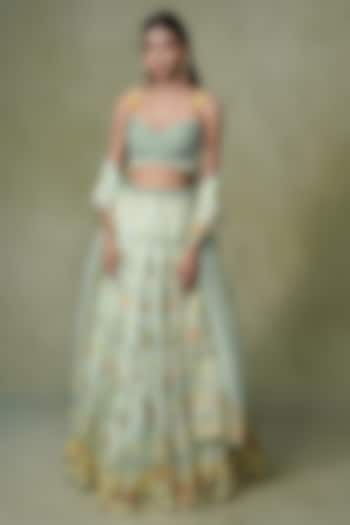Pastel Green Organza Floral Patch Work Wedding Lehenga Set by AMRIN KHAN at Pernia's Pop Up Shop