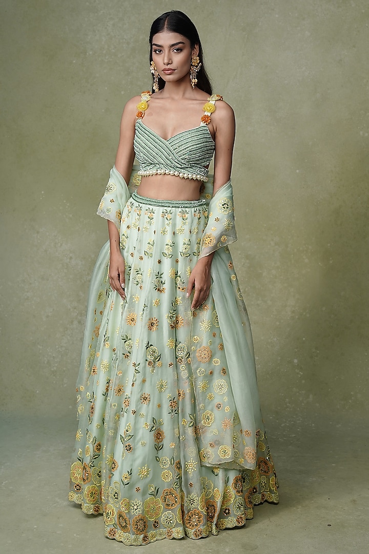 Pastel Green Organza Floral Patch Work Wedding Lehenga Set by AMRIN KHAN at Pernia's Pop Up Shop