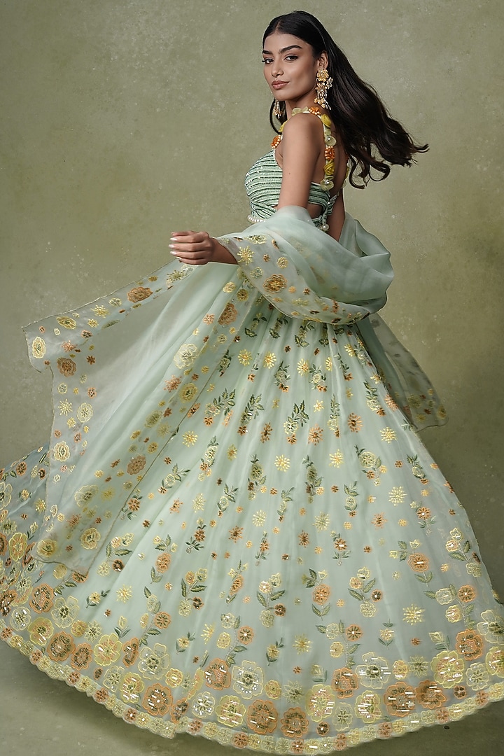 Pastel Green Organza Floral Patch Work Wedding Lehenga Set by AMRIN KHAN at Pernia's Pop Up Shop
