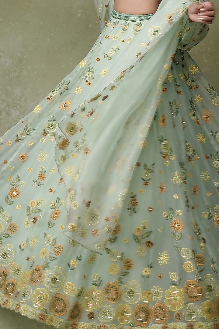 Pastel Green Organza Floral Patch Work Wedding Lehenga Set by AMRIN KHAN at Pernia's Pop Up Shop