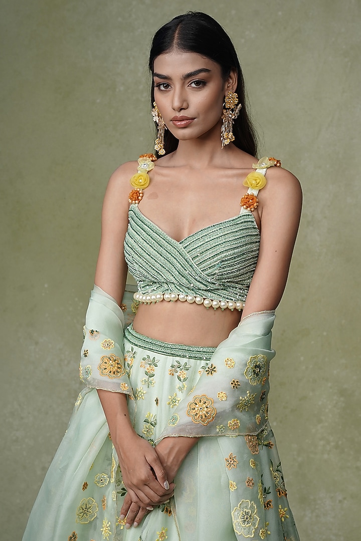 Pastel Green Organza Floral Patch Work Wedding Lehenga Set by AMRIN KHAN at Pernia's Pop Up Shop