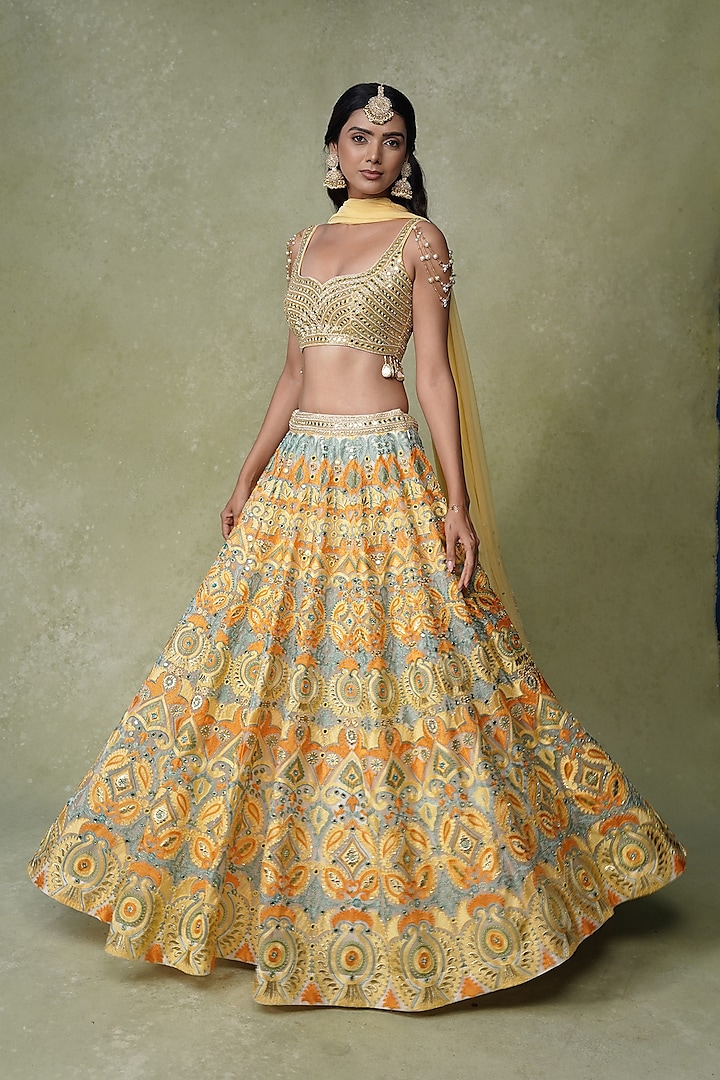 Yellow & Blue Georgette MIrror Work Bridal Lehenga Set by AMRIN KHAN at Pernia's Pop Up Shop