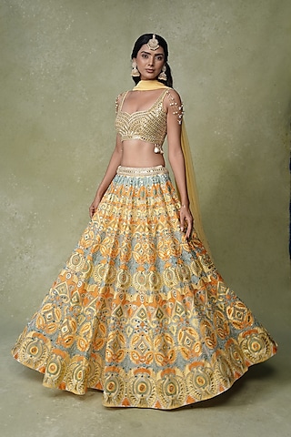 Yellow & Blue Georgette MIrror Work Lehenga Set by AMRIN KHAN
