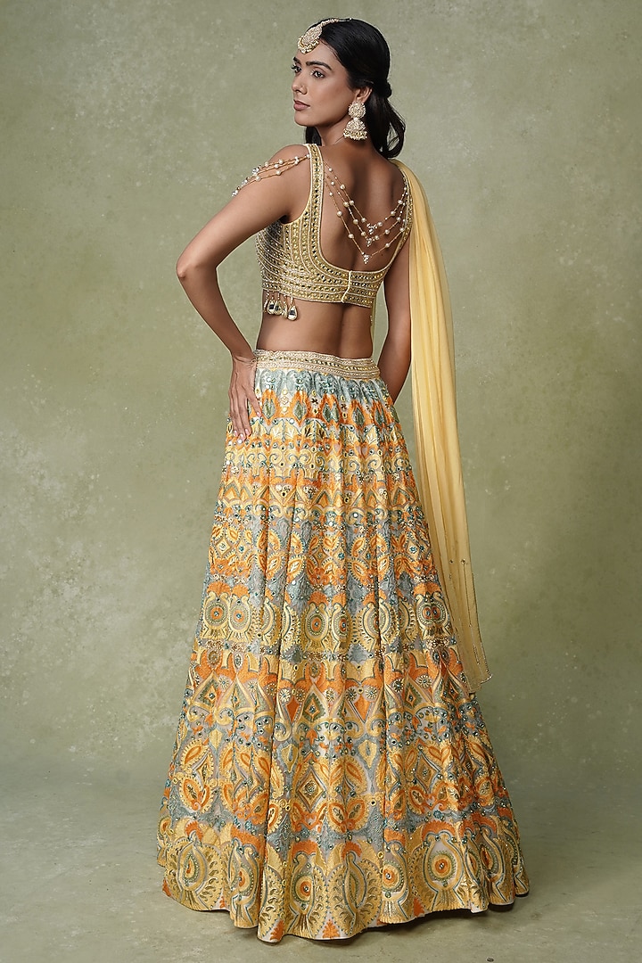 Yellow & Blue Georgette MIrror Work Bridal Lehenga Set by AMRIN KHAN at Pernia's Pop Up Shop