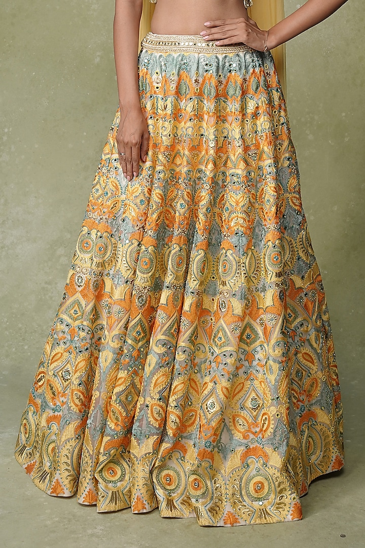 Yellow & Blue Georgette MIrror Work Bridal Lehenga Set by AMRIN KHAN at Pernia's Pop Up Shop