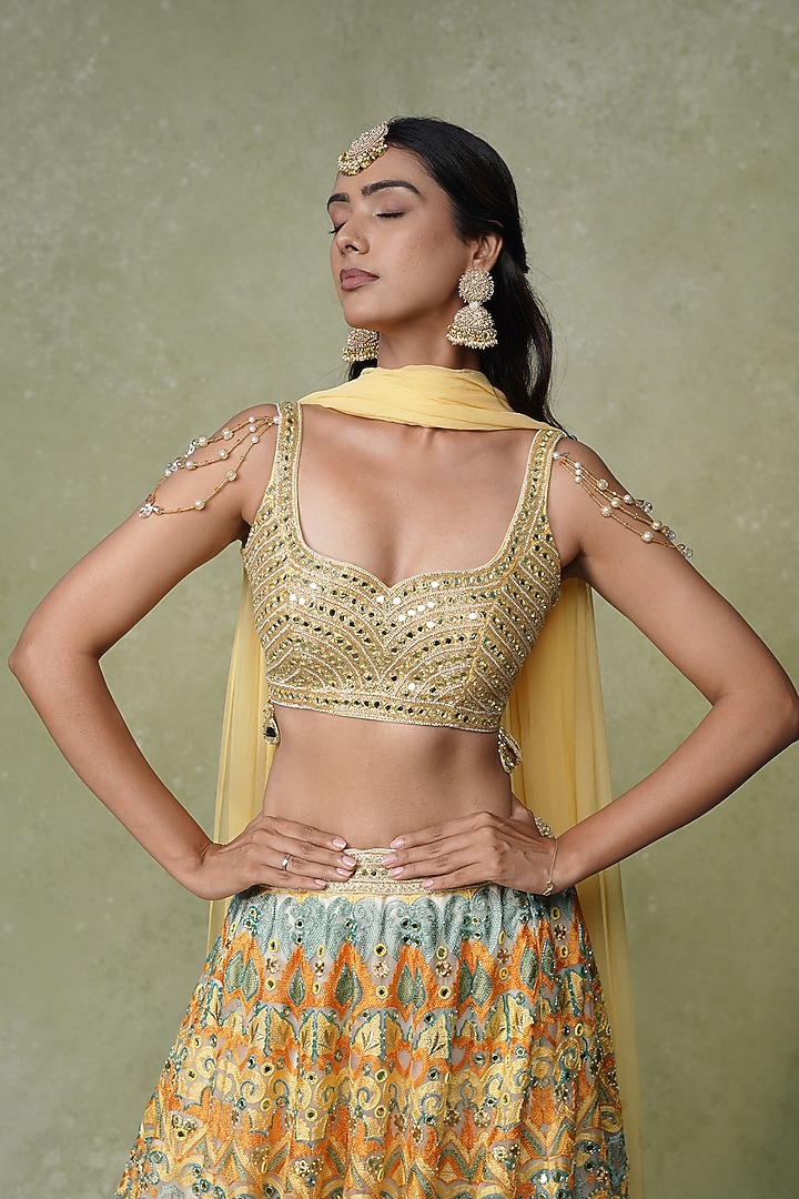 Yellow & Blue Georgette MIrror Work Bridal Lehenga Set by AMRIN KHAN at Pernia's Pop Up Shop