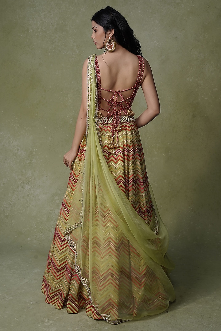 Green Organza Zari Embroidered Chevron Wedding Lehenga Set by AMRIN KHAN at Pernia's Pop Up Shop