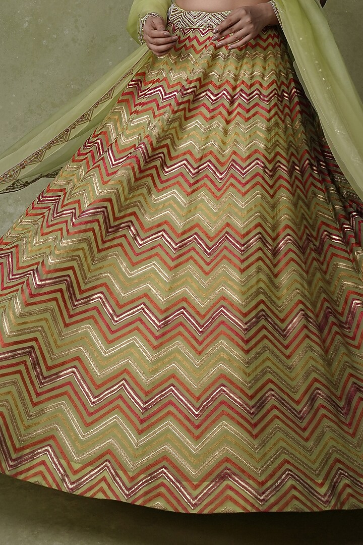 Green Organza Zari Embroidered Chevron Wedding Lehenga Set by AMRIN KHAN at Pernia's Pop Up Shop