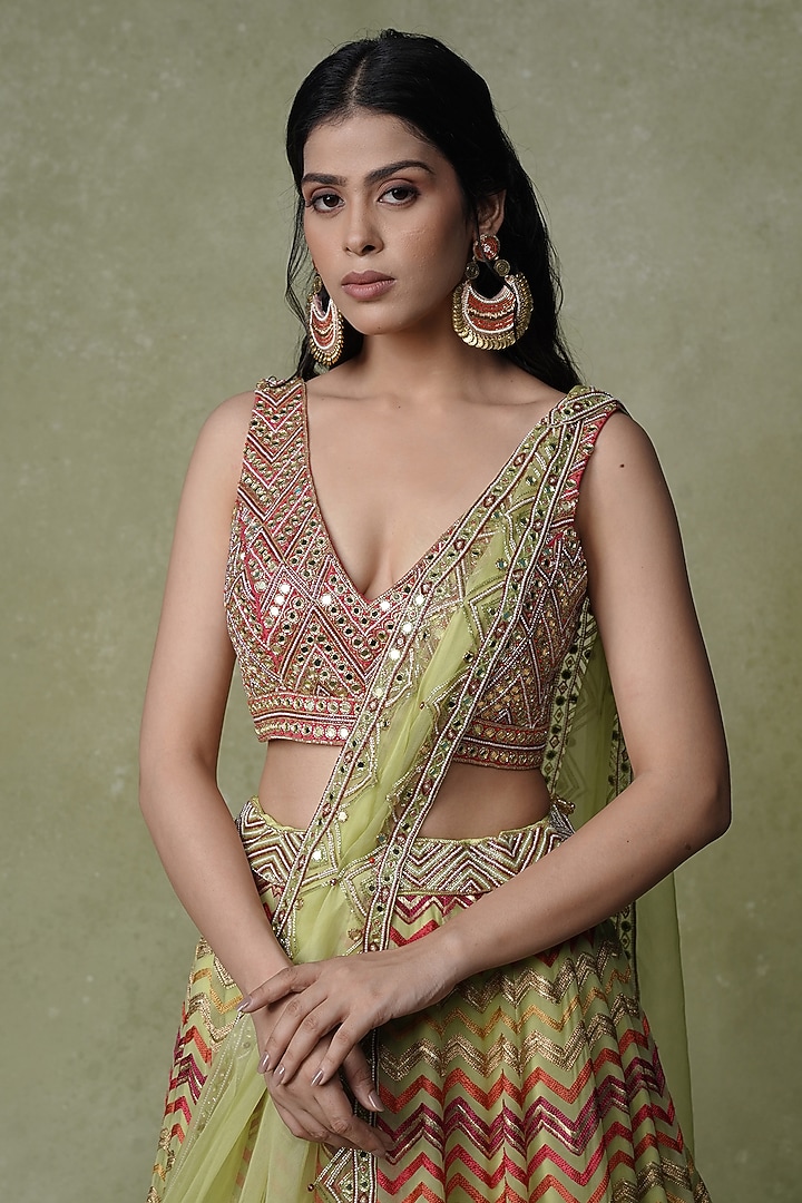 Green Organza Zari Embroidered Chevron Wedding Lehenga Set by AMRIN KHAN at Pernia's Pop Up Shop