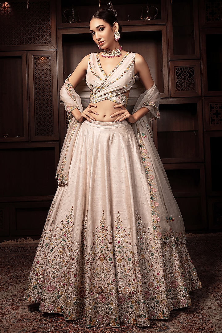 Blush Pink Raw Silk Cutdana Hand Embroidered Bridal Lehenga Set by AMRIN KHAN at Pernia's Pop Up Shop