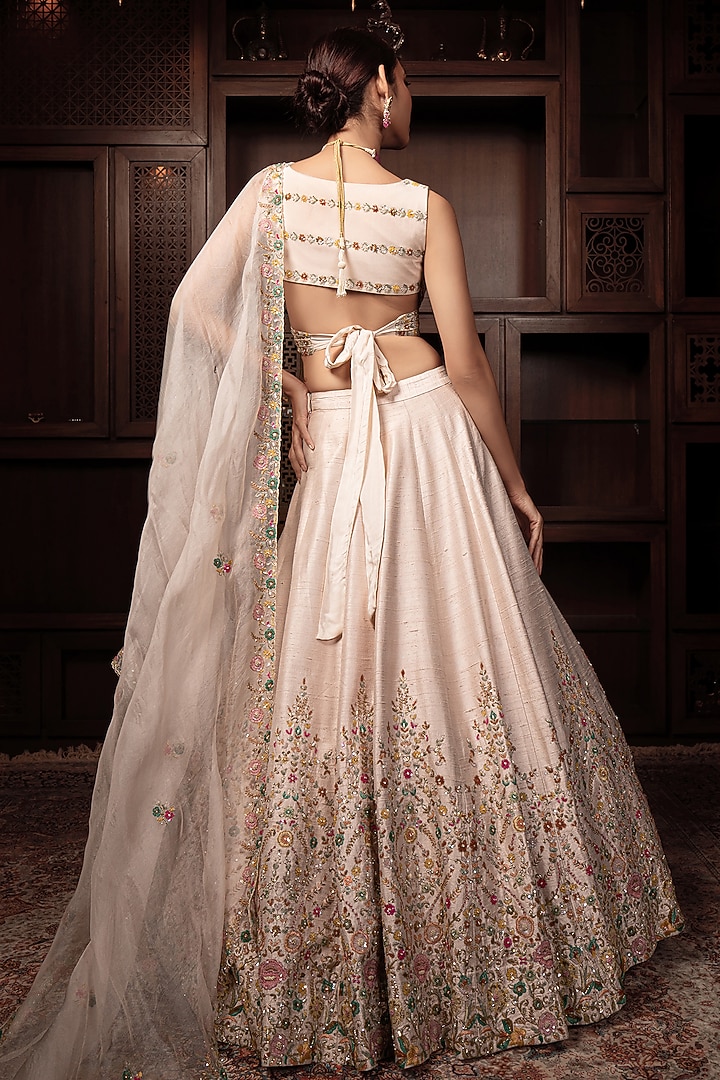 Blush Pink Raw Silk Cutdana Hand Embroidered Bridal Lehenga Set by AMRIN KHAN at Pernia's Pop Up Shop