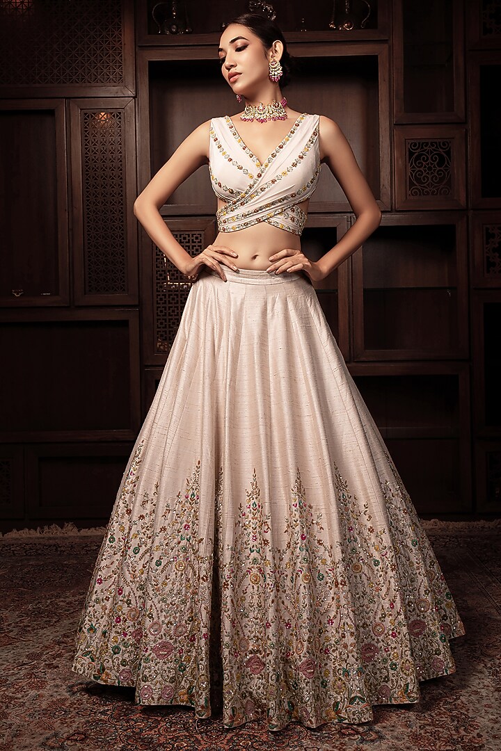Blush Pink Raw Silk Cutdana Hand Embroidered Bridal Lehenga Set by AMRIN KHAN at Pernia's Pop Up Shop