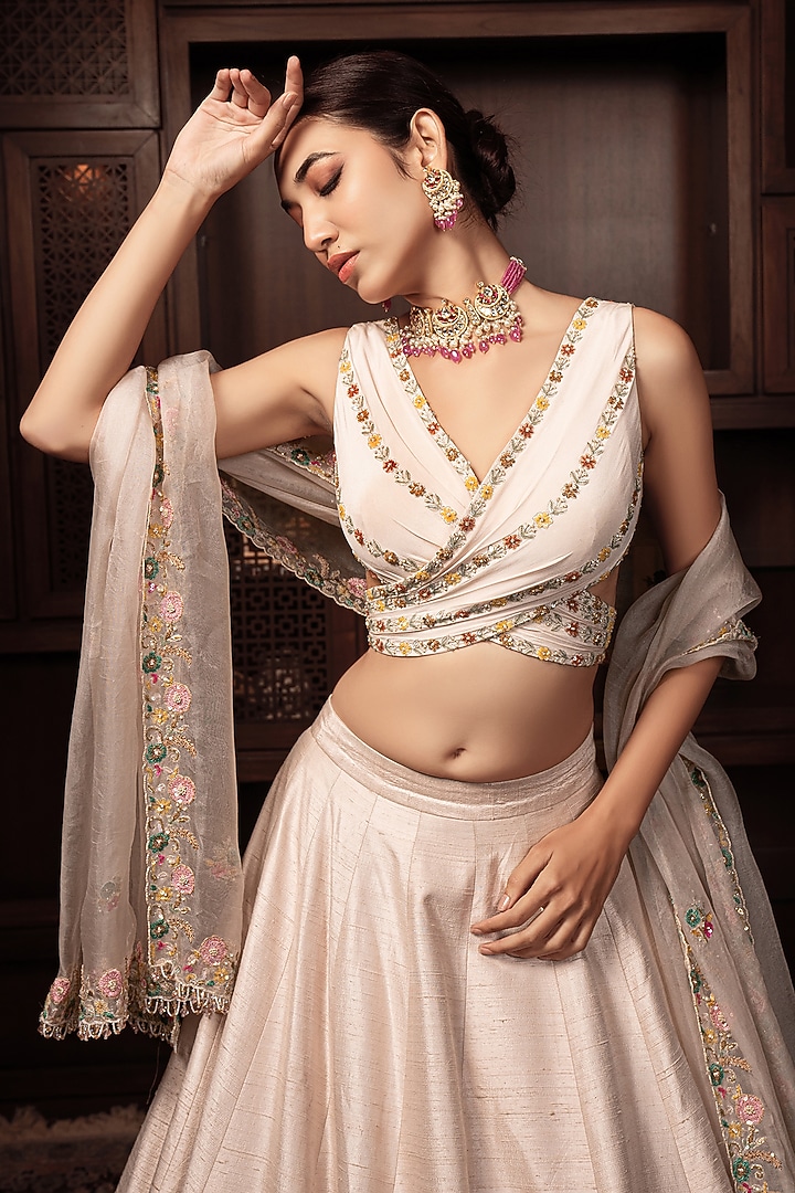 Blush Pink Raw Silk Cutdana Hand Embroidered Bridal Lehenga Set by AMRIN KHAN at Pernia's Pop Up Shop