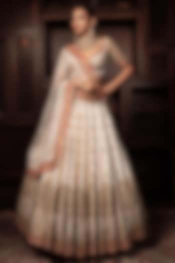 Coral & Ivory Raw Silk Zardosi Embroidered Bridal Lehenga Set by AMRIN KHAN at Pernia's Pop Up Shop