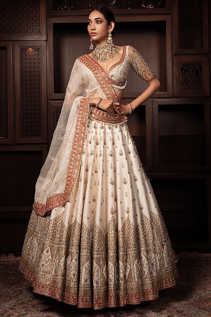 Coral & Ivory Raw Silk Zardosi Embroidered Bridal Lehenga Set by AMRIN KHAN at Pernia's Pop Up Shop