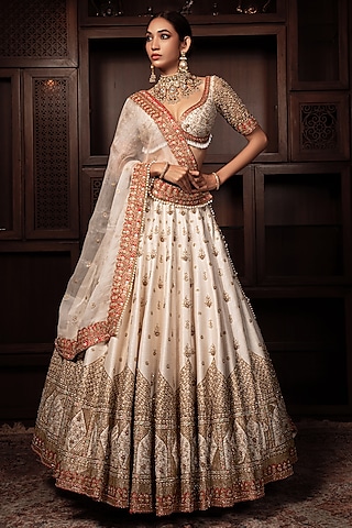 Coral & Ivory Raw Silk Zardosi Embroidered Lehenga Set by AMRIN KHAN