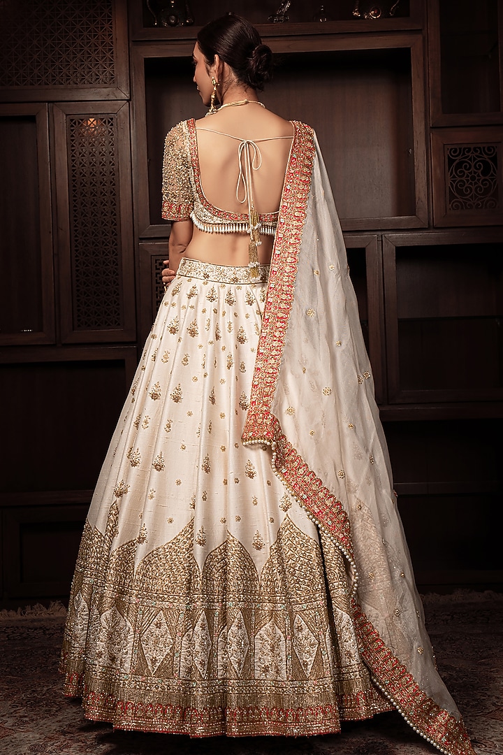 Coral & Ivory Raw Silk Zardosi Embroidered Bridal Lehenga Set by AMRIN KHAN at Pernia's Pop Up Shop