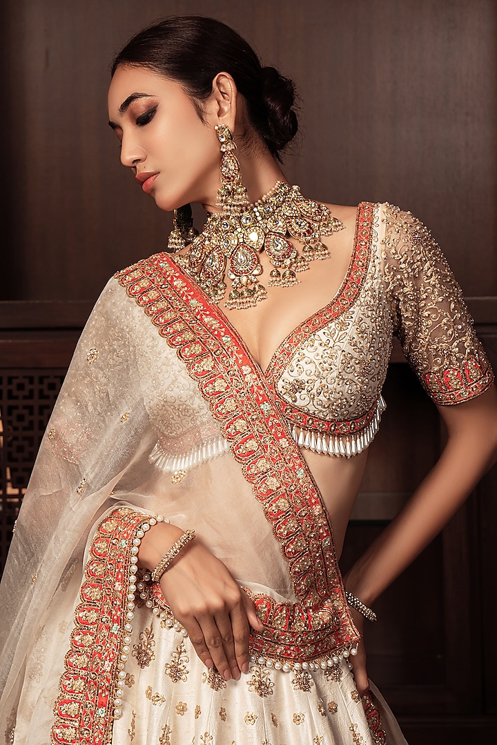 Coral & Ivory Raw Silk Zardosi Embroidered Bridal Lehenga Set by AMRIN KHAN at Pernia's Pop Up Shop