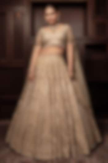 Beige Raw Silk Zardosi & Cutdana Embroidered Bridal Lehenga Set by AMRIN KHAN at Pernia's Pop Up Shop