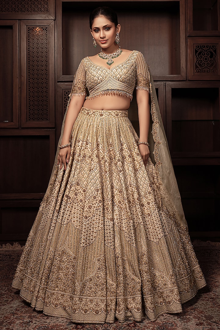 Beige Raw Silk Zardosi & Cutdana Embroidered Bridal Lehenga Set by AMRIN KHAN at Pernia's Pop Up Shop