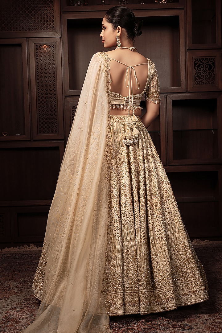 Beige Raw Silk Zardosi & Cutdana Embroidered Bridal Lehenga Set by AMRIN KHAN at Pernia's Pop Up Shop