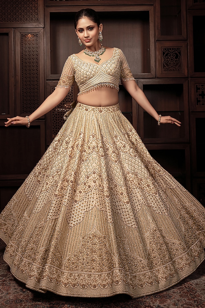 Beige Raw Silk Zardosi & Cutdana Embroidered Bridal Lehenga Set by AMRIN KHAN at Pernia's Pop Up Shop