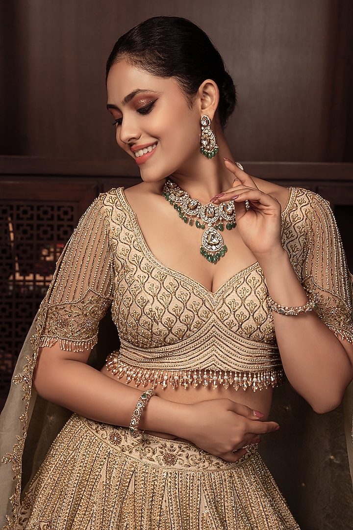 Beige Raw Silk Zardosi & Cutdana Embroidered Bridal Lehenga Set by AMRIN KHAN at Pernia's Pop Up Shop